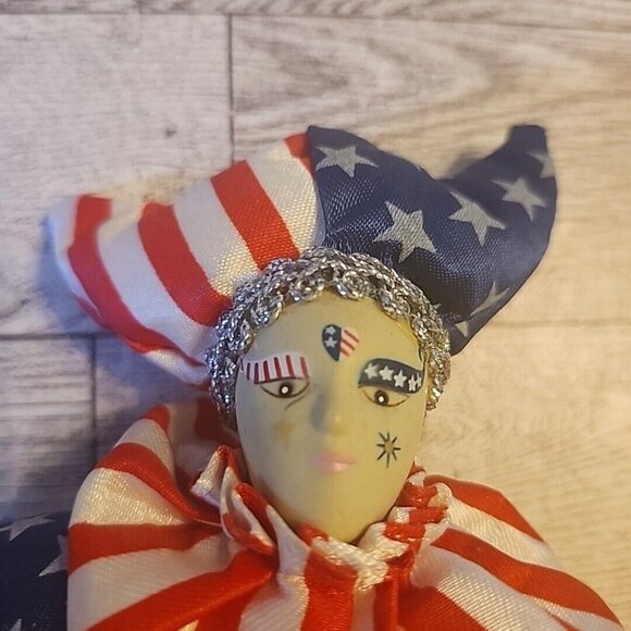 Sugar Loaf Creations Patriotic Jester Clown Doll USA Flag Heart Face July 4th - Picture 9 of 9